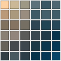 Color swatches palette featuring a sophisticated collection of  blue tones, including shades of blue, beige, tan, and mocha etc., 