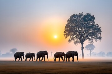 Fototapeta premium Majestic Elephant Family at Sunrise with Indian Savannah.