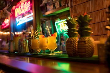 Tiki neon cafes bask in drinks, beckoning island dreams like a siren's call.