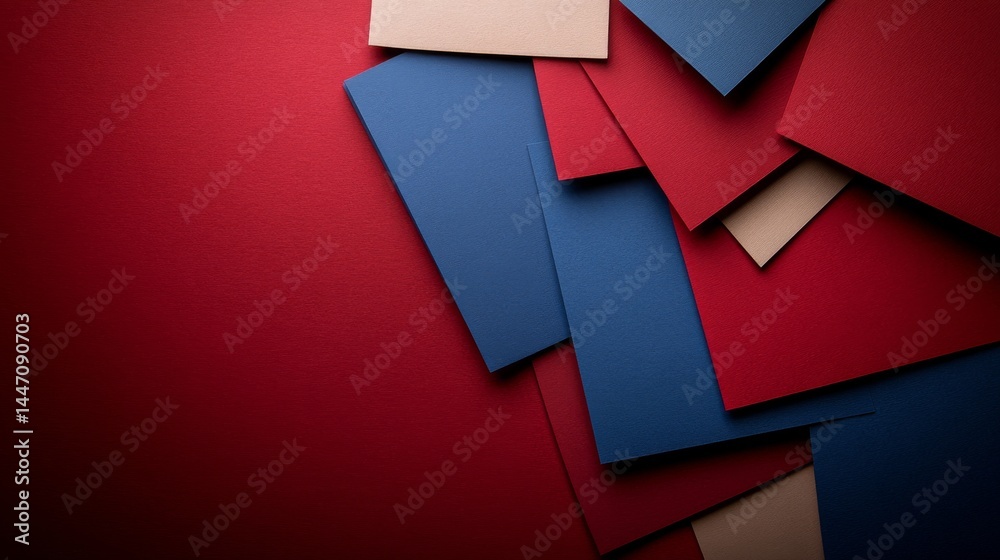 Poster Overlapping sheets of vibrant red, blue, and white paper create a precise geometric arrangement, highlighted by subtle shadows for depth and visual interest