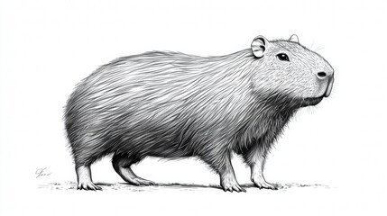 Capybara illustration on a white background showcasing its distinct features and fur texture in detailed monochrome