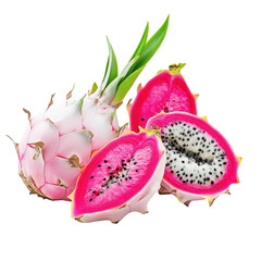 Fresh dragon fruit pitaya with vibrant pink skin and white speckled flesh on a Transparent background, Dragon fruit, pitaya isolated on PNG background