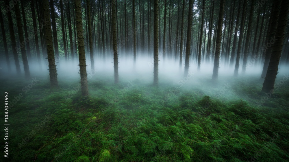 Poster Swirling mist moves gracefully through a fir tree forest, illuminated by soft moonlight, creating an enchanting atmosphere in the nighttime wilderness