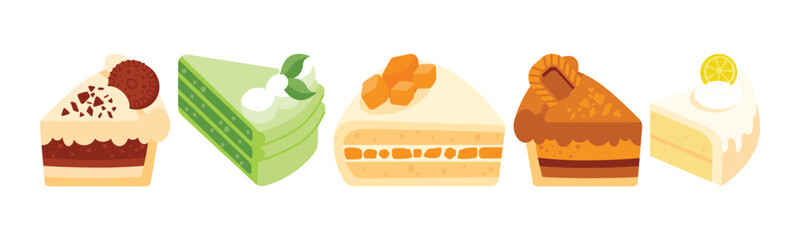 Illustration of different cake slices. Perfect for bakery menus, culinary designs or sweet treats themed projects.