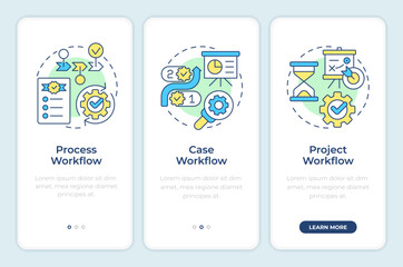 Workflow types onboarding mobile app screen. Process management. Walkthrough 3 steps editable graphic instructions with linear concepts. UI, UX, GUI. Montserrat SemiBold, Regular fonts used