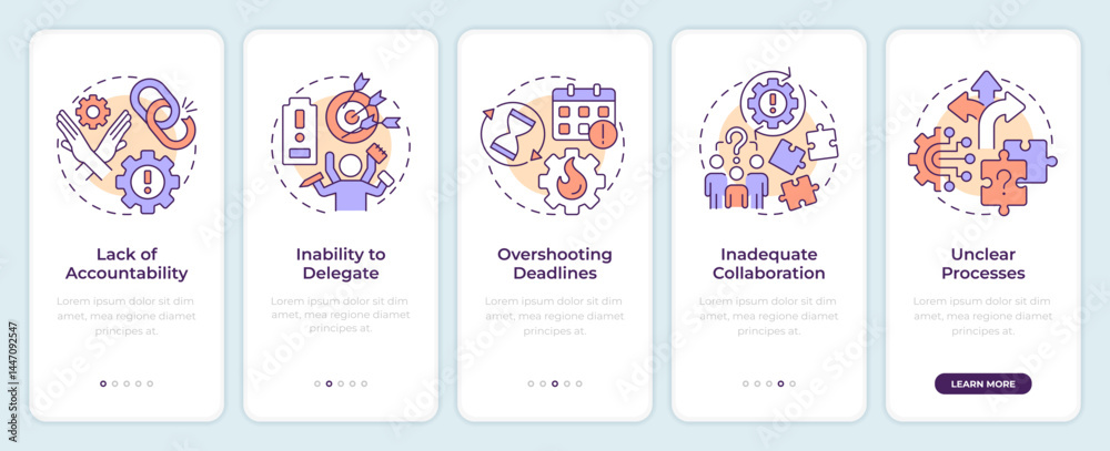Poster workflow obstacles onboarding mobile app screen. teamwork organization. walkthrough 5 steps editable