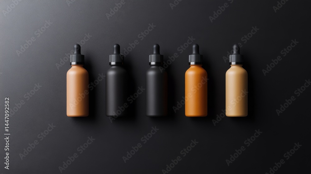 Aufkleber five dropper bottles arranged in a row showcase vibrant liquids against a dark canvas, highlighting 