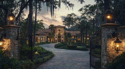 Obraz premium Elegant southern mansion illuminated by lanterns at dusk in a serene garden setting