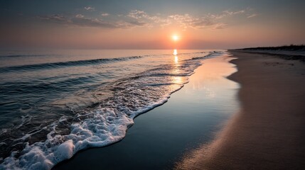 Obraz premium Peaceful shoreline serenity with the sun gently kissing the horizon with vibrant hues
