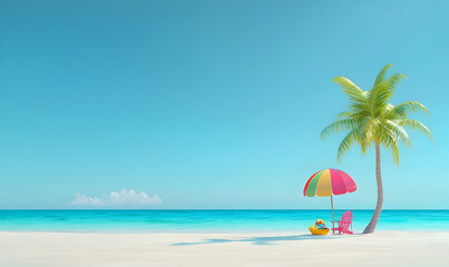 Tropical beach scene white sand, turquoise sea, colorful umbrella, lounge chair, and palm tree under a clear, blue sky