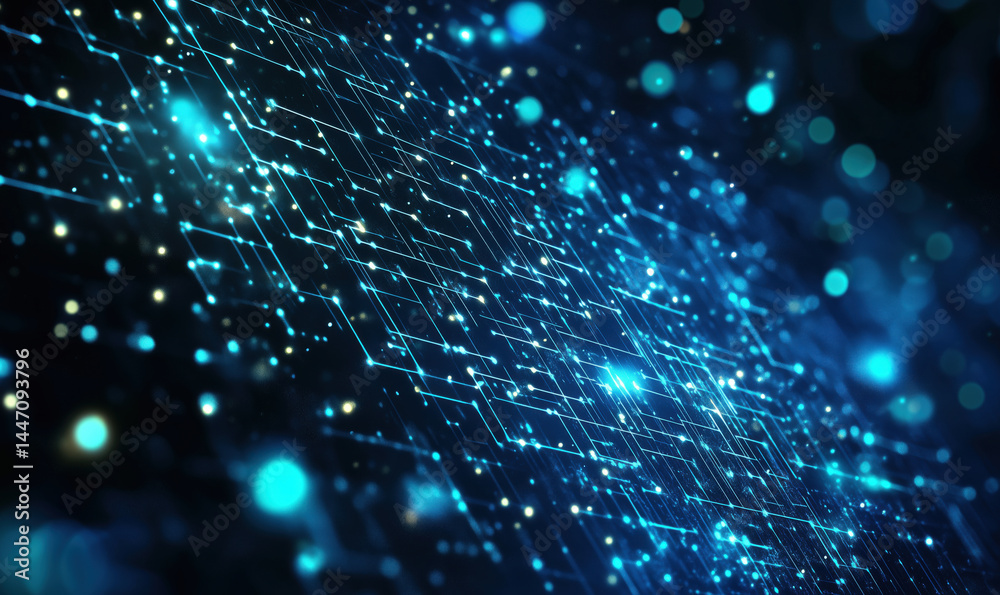 Wall mural abstract digital technology background with glowing lines and particles in blue tones.