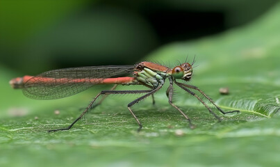Insect detailed view. Red and green damselfly perched on a green leaf, with delicate transparent wings