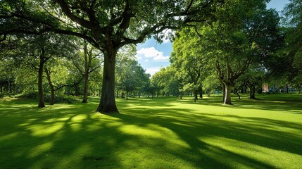 Obraz premium Serene Park Scene with Large Trees and Soft Green Shadows