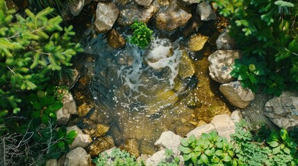 Serene water feature overhead view of pond and lush greenery
