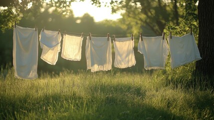 Soft linen hang in the sunlight as the evening breeze flows through a serene field landscape