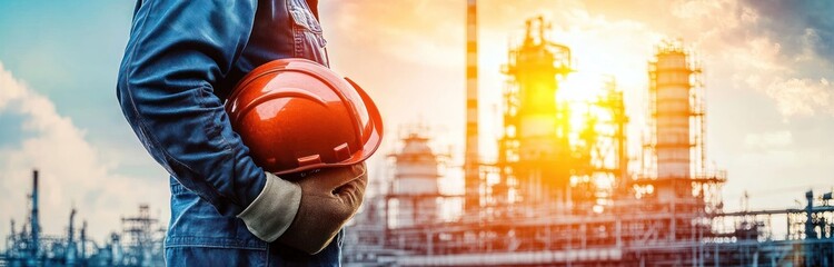 Industrial worker with safety helmet at sunset over refinery