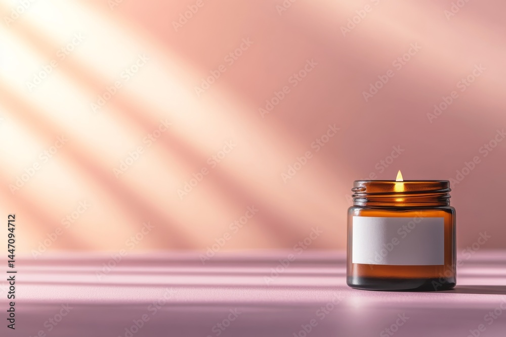 Poster single amber glass jar with a blank label stands alongside a lit candle on a soft pastel pink surfac