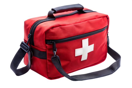 Vintage First Aid Kit A weathered, red metal first aid kit with a white cross isolated on transparent background PNG