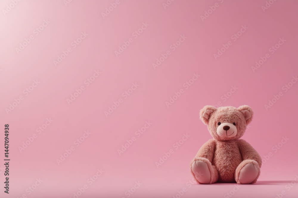 Aufkleber A single teddy bear sits upright on a pale pink background, surrounded by soft shadows that enhance its adorable character and create ample copy space on the right