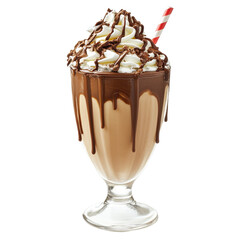 Indulgent chocolate milkshake topped with whipped cream and chocolate drizzle against a white background, chocolate milk shake, white background