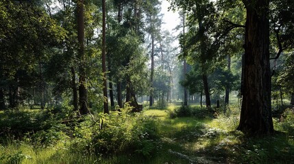 Naklejka premium Bright Summer Light at the Edge of a Tall Forest with Greenery