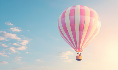 Fototapeta premium Pink and white striped hot air balloon floats gently through a blue, partly cloudy sky against a warm sunrise