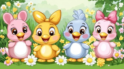 Obraz premium Enchanting springtime friends adorable cartoon bunnies and chicks amidst blooming flowers create a whimsical illustration perfect for children's decor