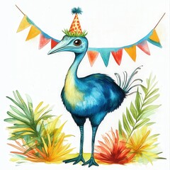 Colorful bird wearing a party hat celebrates with vibrant decorations in a festive atmosphere