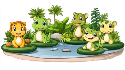 Naklejka premium Adorable Animal Companions Aquatic Adventure Fun-Loving Creature Cartoons Amidst Lush Greenery Celebrating Childhood Joy and Whimsy Together