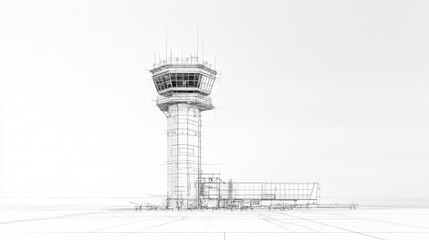 Architectural sketch of an airport control tower with a modern design and minimalist details, showcasing engineering precision and planning