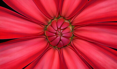 Red flower's center, showing repeating spiral of layered petals and intricate details, against a dark background