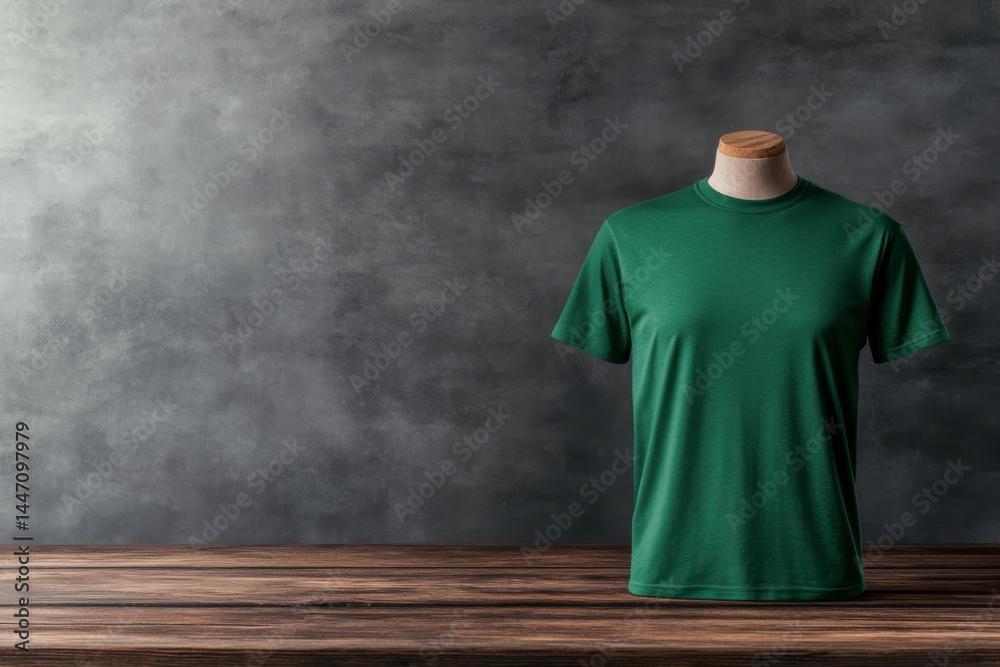 Leinwandbilder front-facing view of a green t-shirt displayed on a mannequin in a contemporary design studio, set a