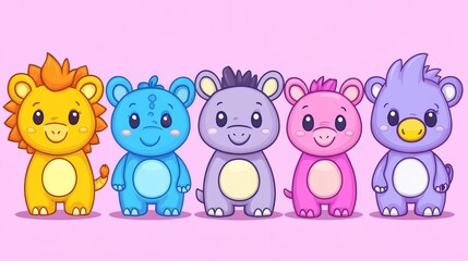 Obraz premium Adorable Pixel Art Zoo Friends Row Colorful Characters Children's Illustration Digital Artwork Whimsical Design Nursery Art Pixelated Animals Lineup