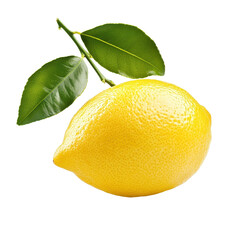 Ripe lemon fruit with fresh green leaves isolated on Transparent background, ripe lemon fruit with leaves isolated on PNG background