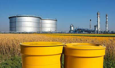 Oil refinery behind wheat field with yellow containers on a sunny, cloudless day