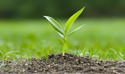 Seedling growth A fresh green sprout pushes through soil, promising future growth against soft green backdrop