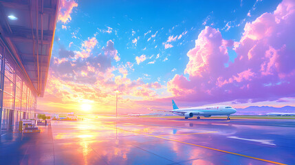 Airport at the colorful sunset