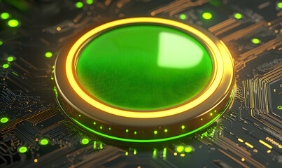 Green button on a circuit board with golden accents and subtle lighting details