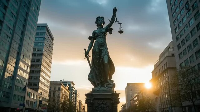 Urban statue of justice, sunrise backdrop.