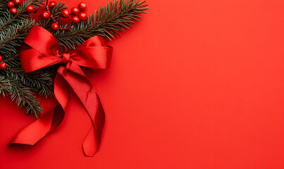 Festive arrangement Fir sprigs, red berries, and ribbon on vibrant red backdrop