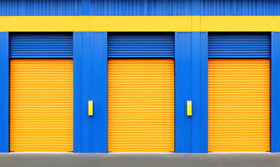 Colorful storage units. Orange doors contrast with blue walls and yellow trim. Bright, modern, organized rows