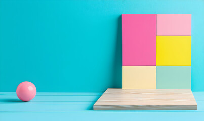 Colorful blocks create a geometric display. Pink ball sits to the side on a blue surface