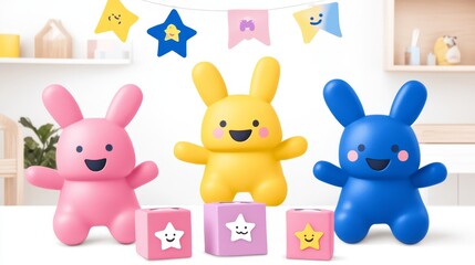 Naklejka premium Adorable trio of bunny figurines displayed with playful star-themed decorations against a soft backdrop evoking childhood joy and imaginative play