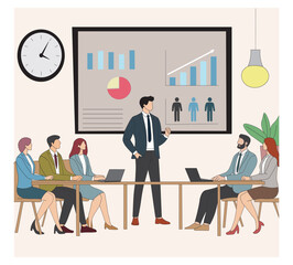 business meeting in office. Business Meeting Presentation Vector Office Team Collaboration with Graphs, Charts, and Professional People.