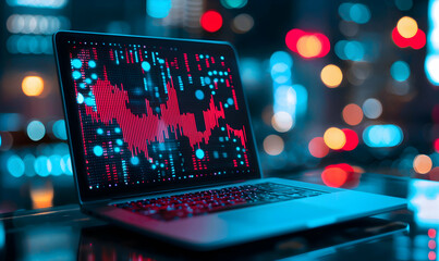 Laptop displays a falling red graph against a blurred bokeh background