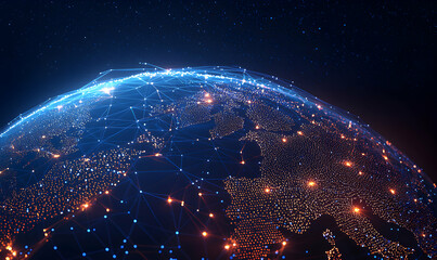Networked Earth Digital globe with interconnected lights over continents in dark space
