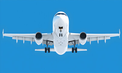 Airliner soars upward against a bright, clear blue sky. Wings, engines, and landing gear visible