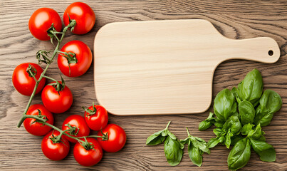 Wooden board, tomatoes on the vine, and fresh basil leaves lie on a wooden surface