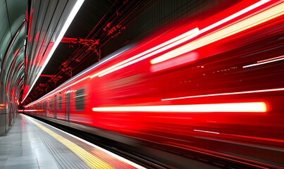 Blurred red train speeding through tunnel. Linear lights brighten scene