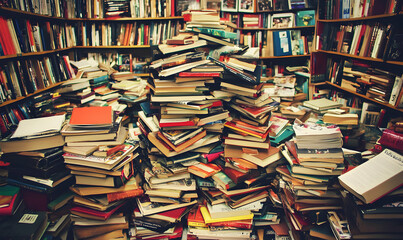 Overwhelming pile of books amidst shelves in a library. Books everywhere